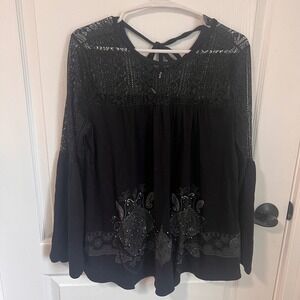 Desigual‎ Black Lace Top Bohemian Blouse Bell Sleeve Embellished Medium NWT
